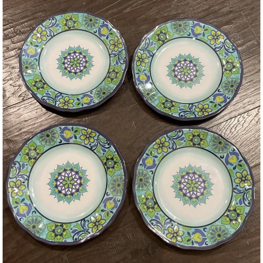 Melamine Dinner Plates Blue Colorful Floral Flowers Set Of 4 Boho Cottage Beach
